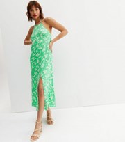 New Look Green Floral Split Hem Halter Midi Dress